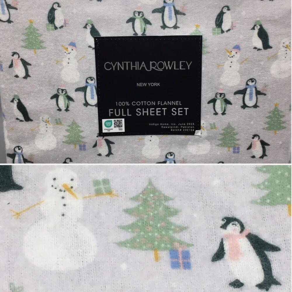 Cynthia Rowley Christmas Trees Penguins Snowman Flannel FULL Sheet Set Adorable